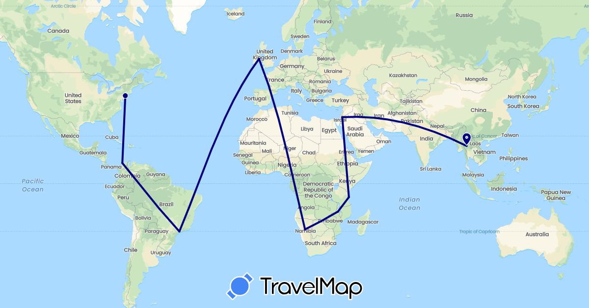 TravelMap itinerary: driving in Brazil, Colombia, Ireland, Jordan, Malawi, Namibia, Thailand, Tanzania, United States (Africa, Asia, Europe, North America, South America)
